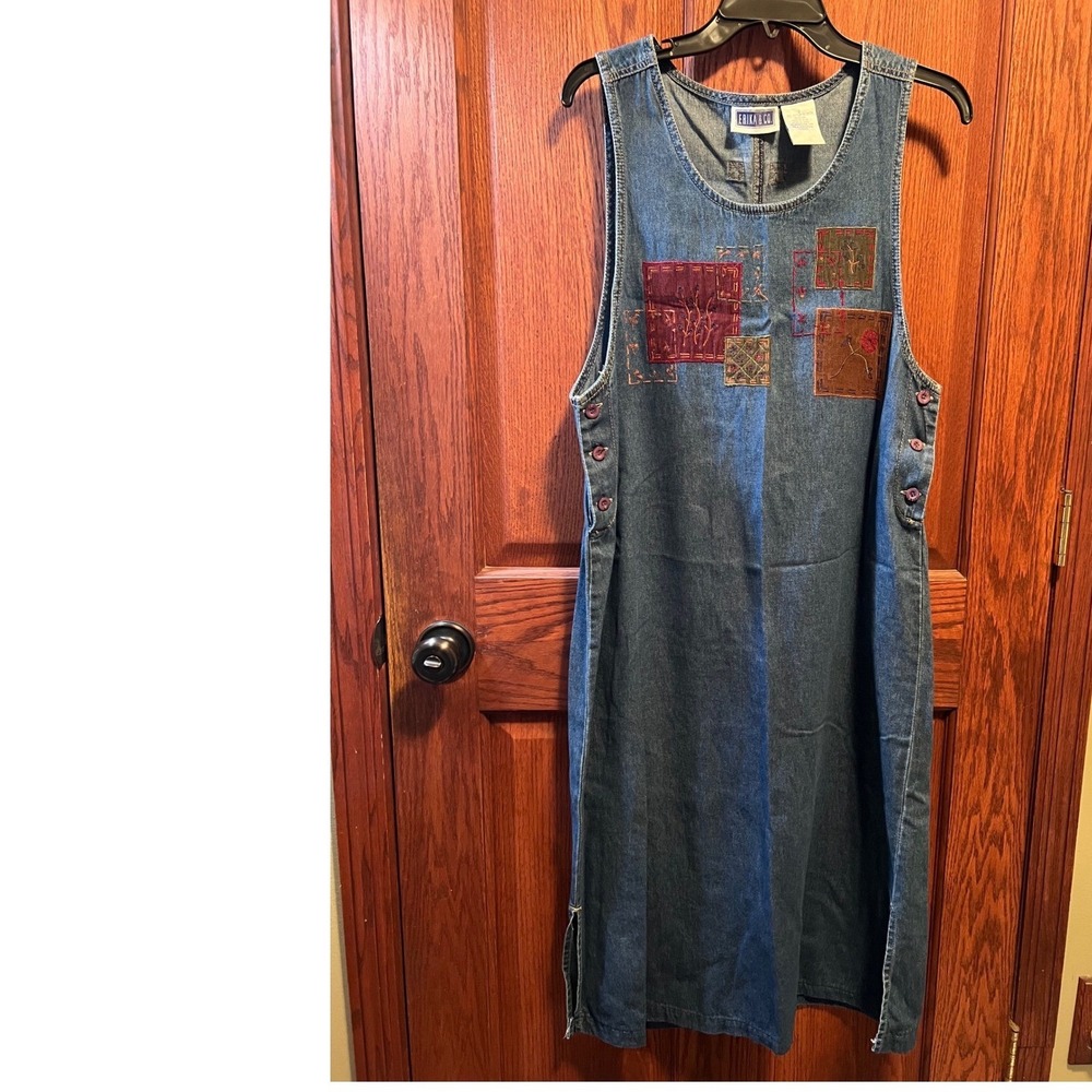 Erika & Co Women's VTG Denim Jumper Dress Patchwork Fall Floral Embroidery Blue